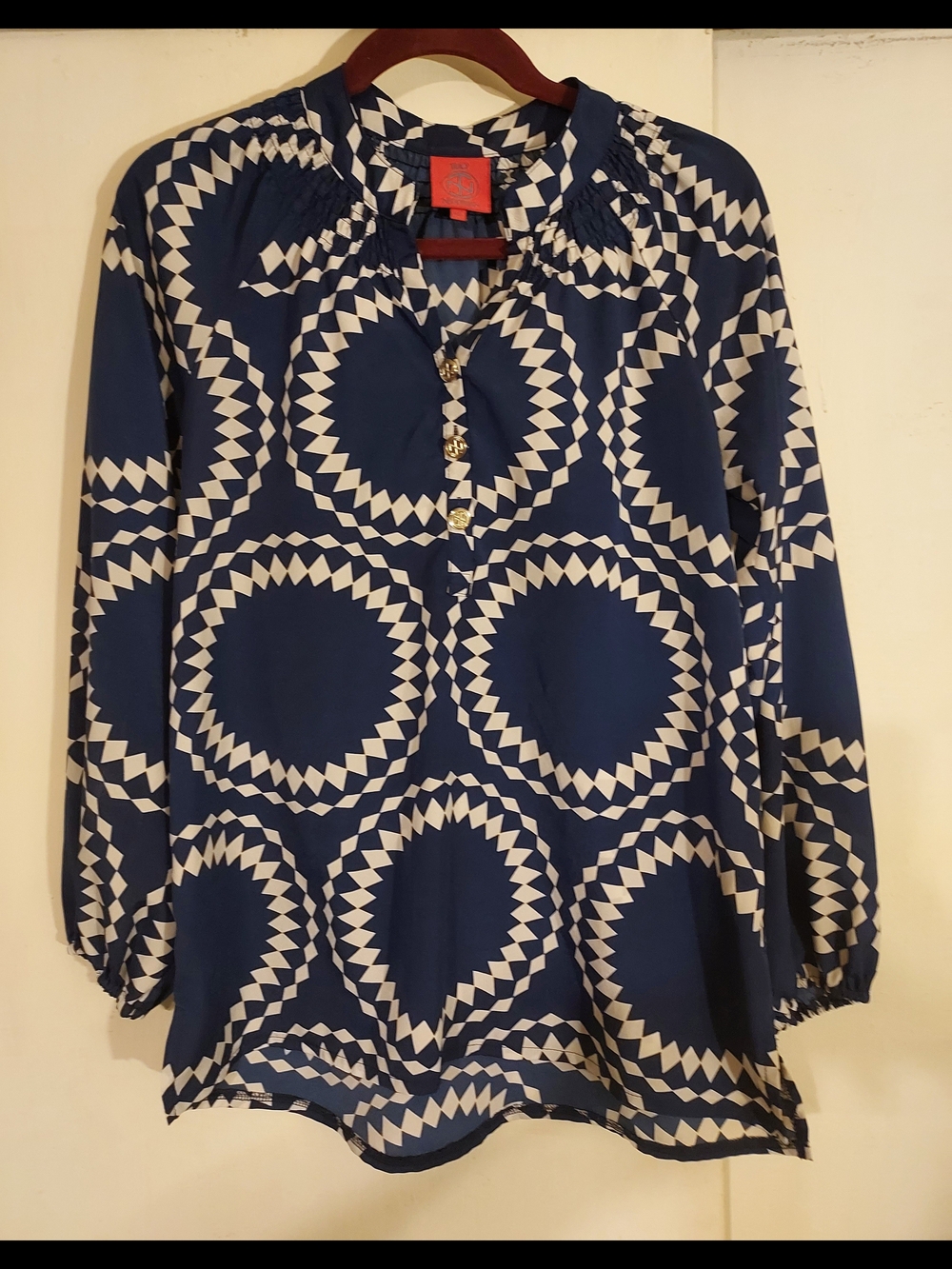 Tracy Negoshian Kira Navy Geometric Blouse Gold Buttons XS